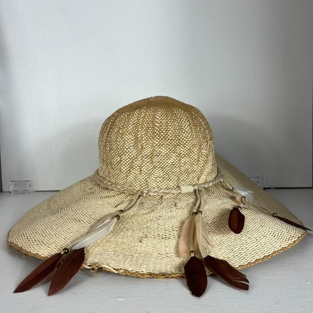 Scala Collezione Women's One Size Hat 100% Paper Feather Boho Sun